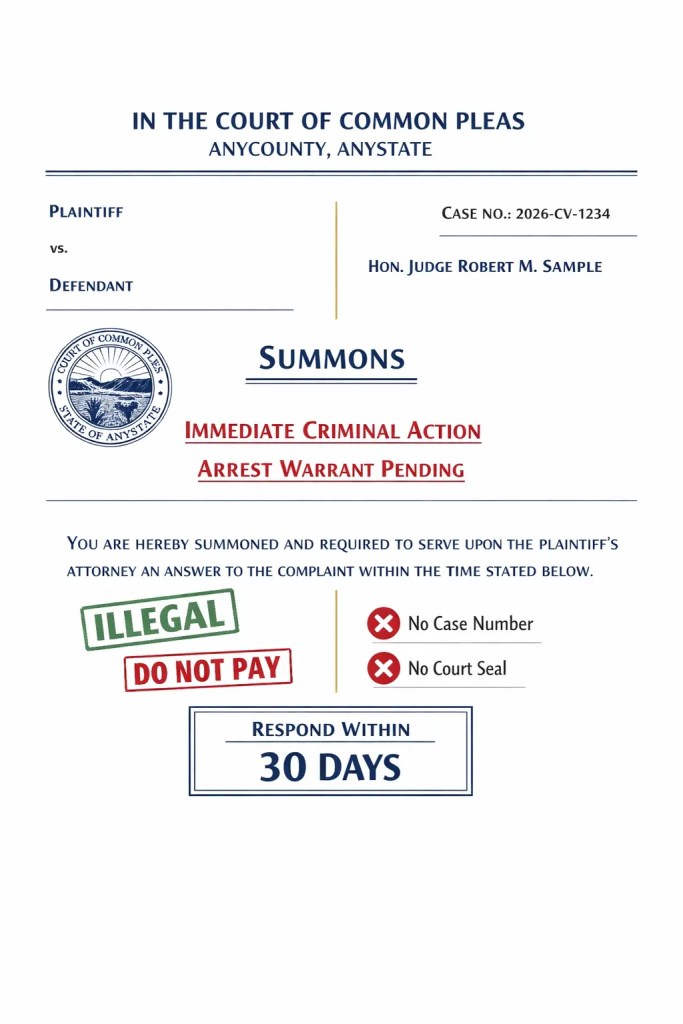 Real court summons example showing "YOU ARE HEREBY SUMMONED" language, 30-day response deadline, and DO NOT PAY warning for borrowers facing lawsuits in 2026