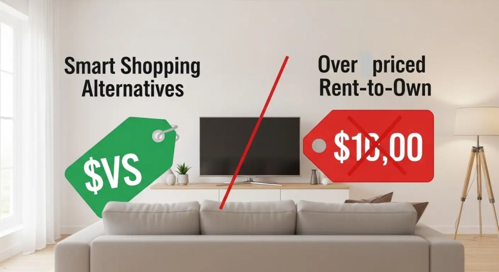 Living room showing green affordable price tag versus crossed out expensive red rent-to-own price representing better alternatives for furniture and appliances
