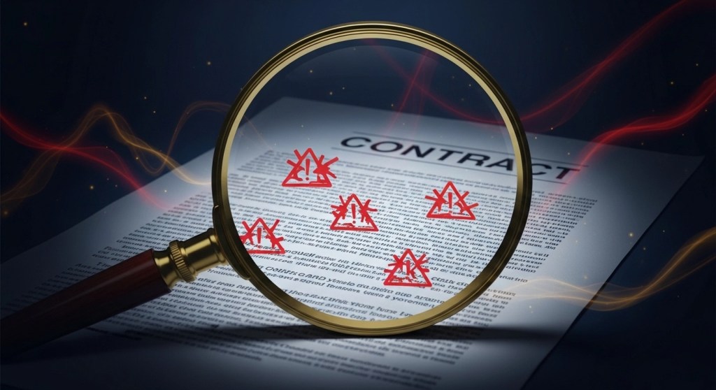 Magnifying glass revealing hidden warning clauses in rent-to-own contract fine print representing dangerous terms most consumers never read