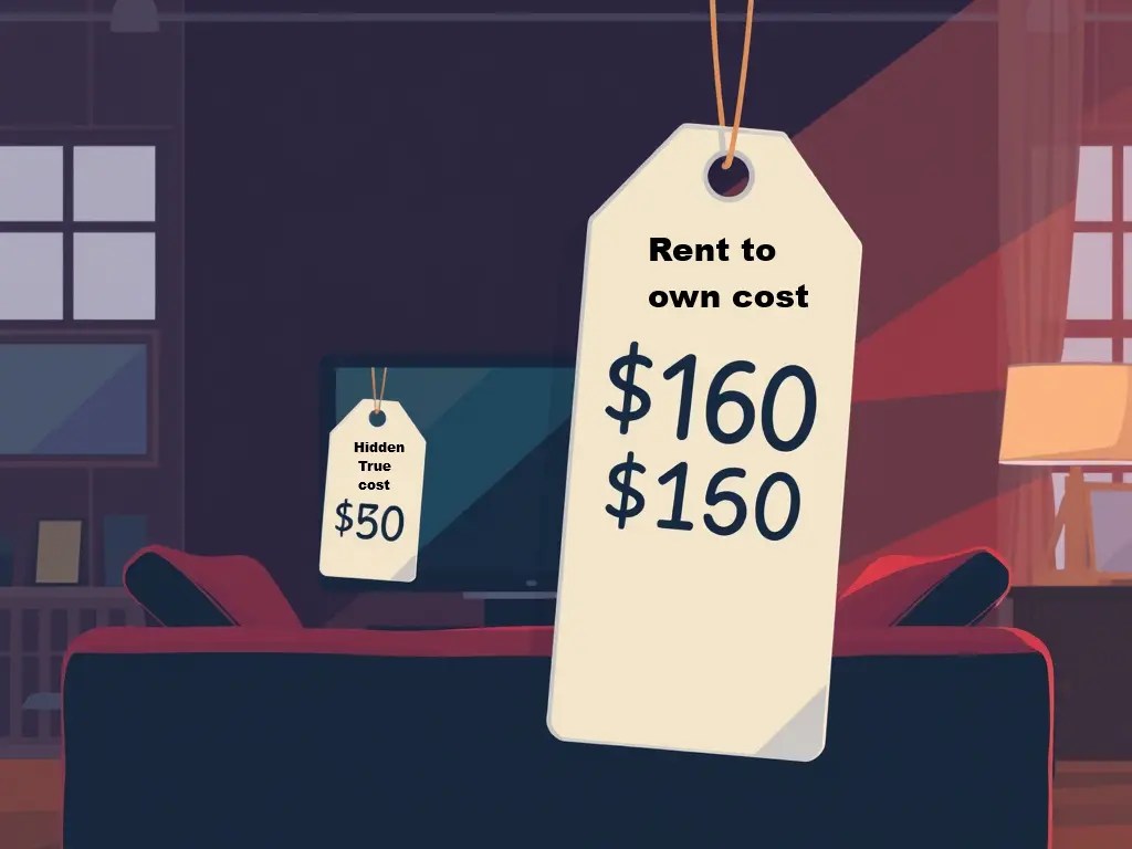 Price tag showing hidden true cost of rent-to-own compared to low advertised weekly payment representing 3 to 5 times retail markup