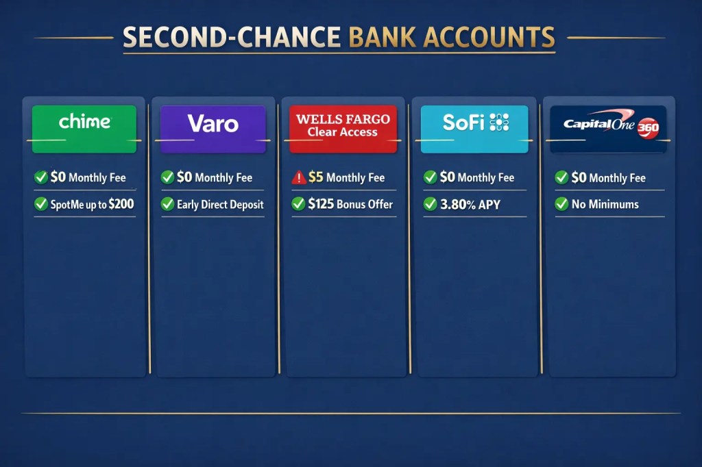 Comparison of second-chance bank accounts: Chime $0 fee with SpotMe $200, Varo $0 fee with early direct deposit, Wells Fargo Clear Access $5 fee with $125 bonus, SoFi $0 fee with 3.80% APY, and Capital One 360 $0 fee with no minimums