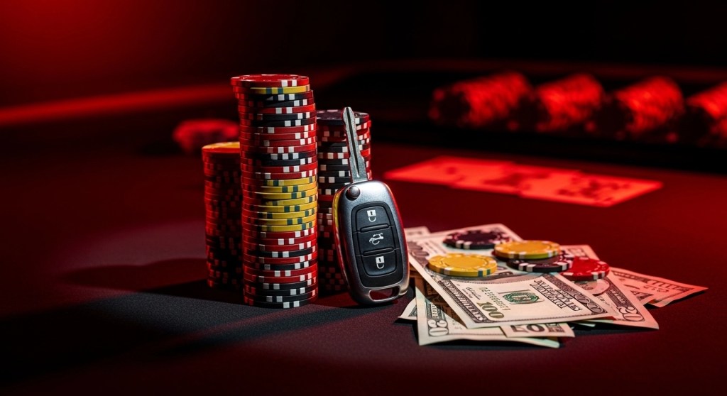 Car key on casino table representing the high-stakes bet of using your vehicle as title loan collateral with 1 in 5 repossession risk