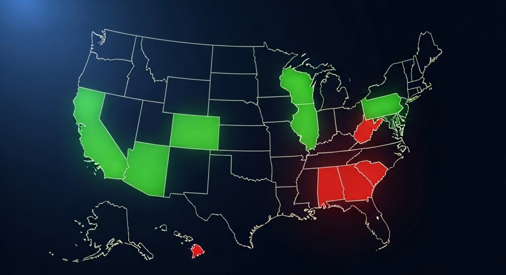 Map of United States showing state-by-state title loan legal status with green protected states and red high-risk states