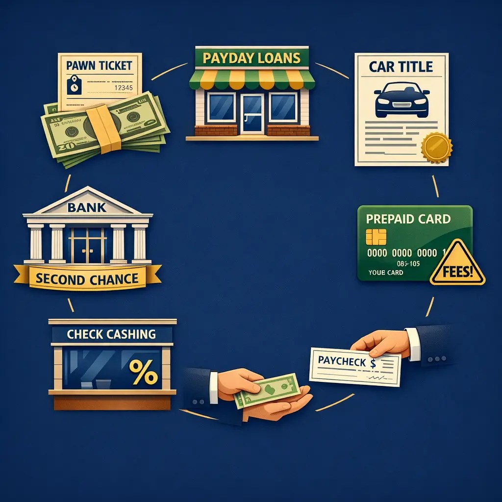 Seven icons with labels showing emergency cash options for unbanked: pawn shop (collateral), payday loan (400% APR risk), title loan (car at risk), prepaid card (fees up to $10/month), employer advance (often 0%), check cashing (up to 10% fee), and second-chance bank accounts (path forward)