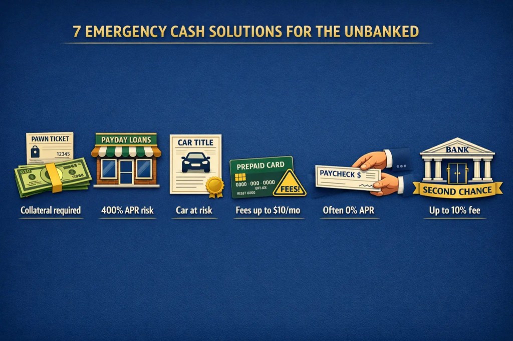 Seven icons with labels showing emergency cash options for unbanked: pawn ticket (collateral required), payday loans (400% APR risk), car title (car at risk), prepaid card (fees up to $10/mo), paycheck (often 0% APR), second chance (up to 10% fee)