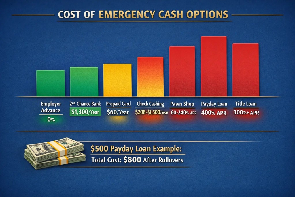 Cost comparison chart of emergency cash options: Employer advance 0%, second-chance bank saves $1,300/year, prepaid card $60/year, check cashing $208-$1,300/year, pawn shop 60-240% APR, payday loan 400% APR, title loan 300%+ APR, with $500 payday loan example showing $800 total cost after rollovers