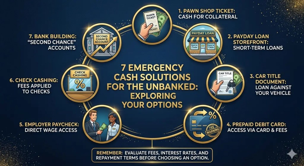 Seven icons representing emergency cash options for unbanked individuals: pawn shop ticket, payday loan store, car title, prepaid card, employer paycheck, check cashing counter, and second-chance bank account