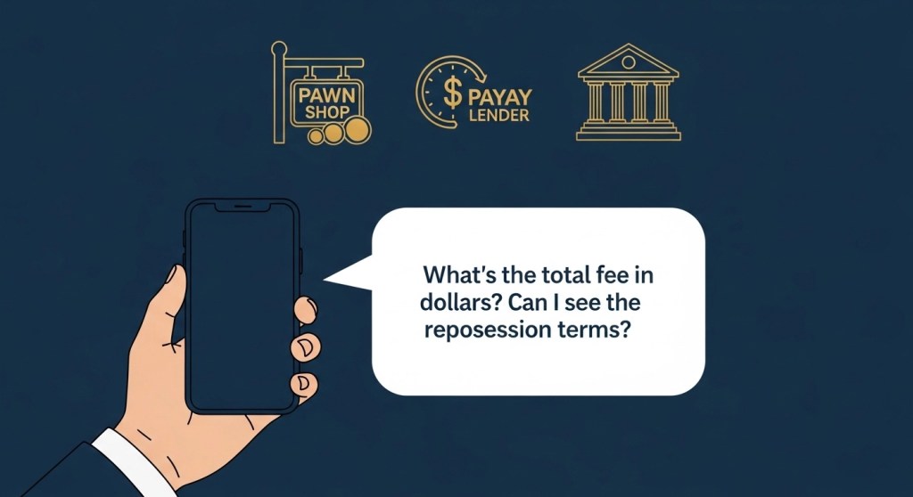 Person holding phone with speech bubble showing script for asking about loan fees and terms at pawn shops, payday lenders, and banks