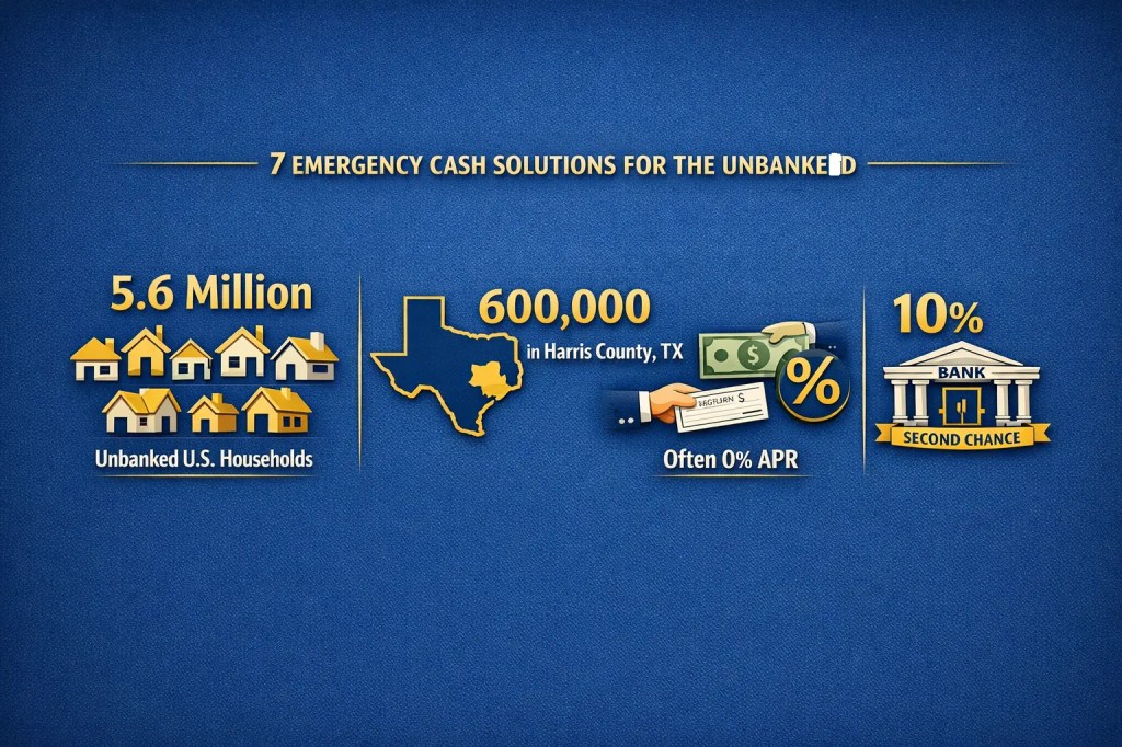 Infographic showing 5.6 million unbanked U.S. households, 600,000 in Harris County Texas, and 10% fee reference with second chance and 0% APR options highlighted
