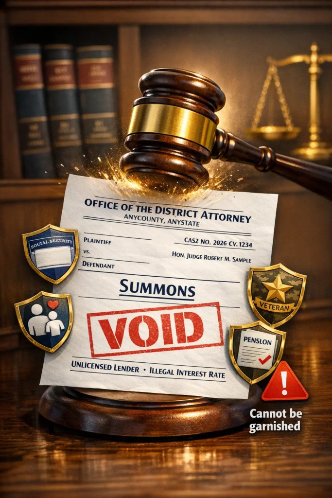 Court document showing VOID stamp with unlicensed lender and illegal interest rate reasons, plus cannot be garnished message, for 2026 payday loan borrowers