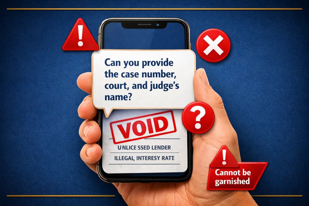 Composite image showing phone script, VOID stamp, unlicensed lender, illegal interest rate, and cannot be garnished — complete borrower rights summary