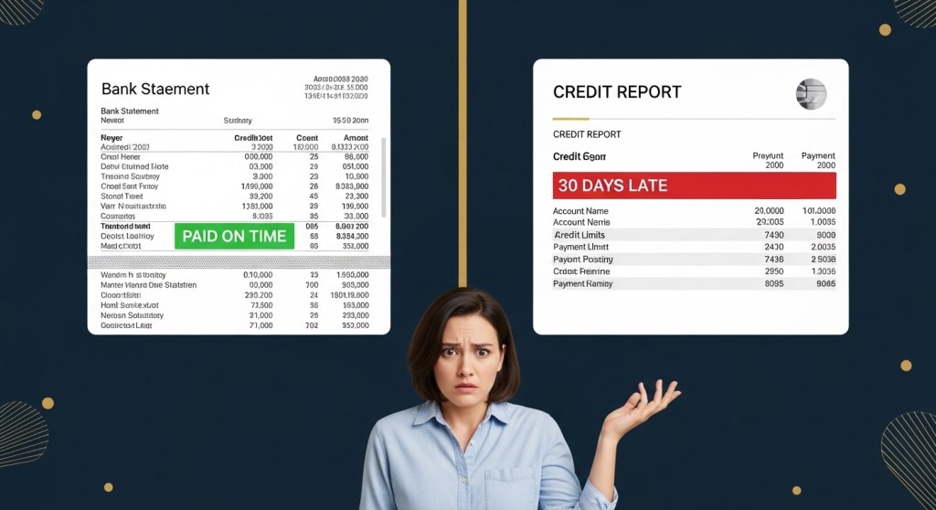 Split screen showing bank statement with on-time payment and credit report showing 30-day late