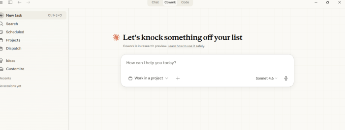 Claude Cowork main interface after successful Windows restart showing "Let's knock something off your list" with options for New task, Search, Scheduled, Projects, and Dispatch