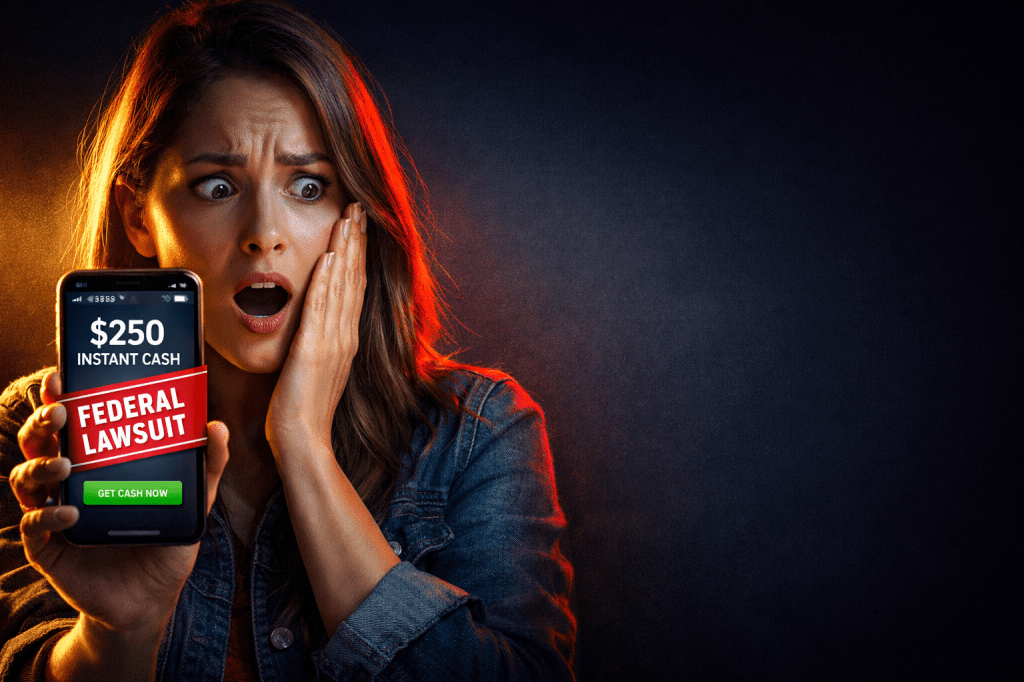 Shocked American woman staring at cash advance app on phone 
screen showing red Federal Lawsuit warning banner — hidden 
fees exposed by FTC and CFPB 2024 2025