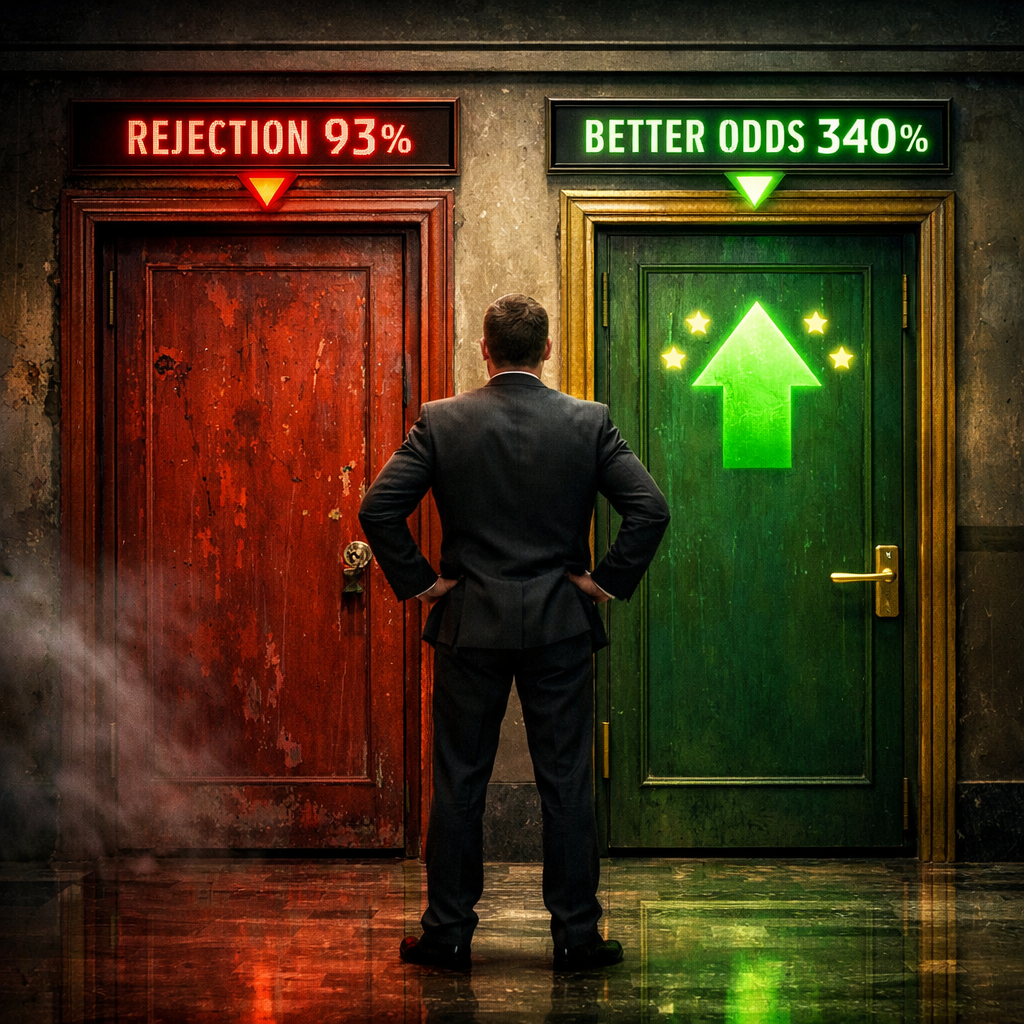 Man in suit choosing between a red door marked rejection 93% and a green door marked better odds 340%
