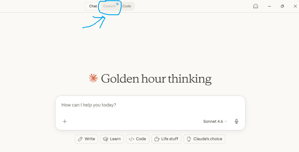 Claude Cowork AI assistant interface showing chat window with options for writing, learning, coding, and life tasks — the main dashboard for AI automation