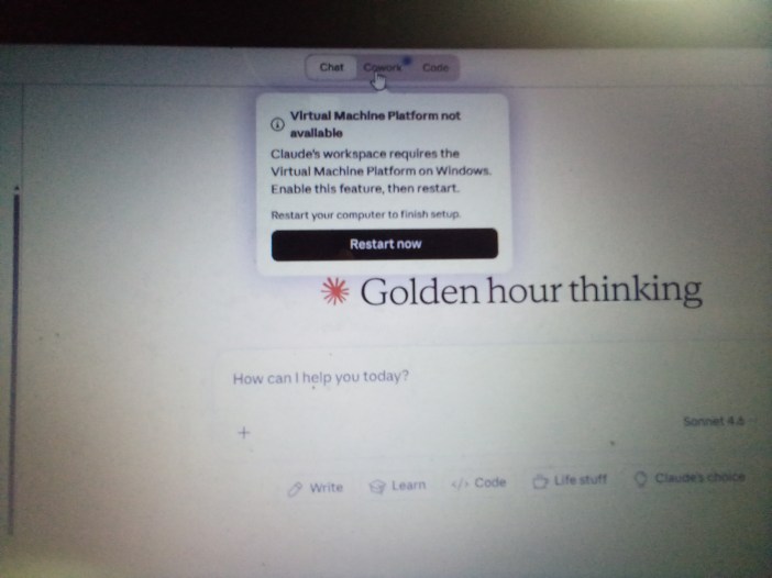 Claude Cowork restart prompt after Virtual Machine Platform installation showing "Restart your computer to finish setup" with Restart now button