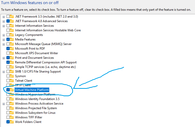Windows Features dialog box showing Virtual Machine Platform checkbox selected and Windows Subsystem for Linux option visible — the manual fix for Claude Cowork virtualization error