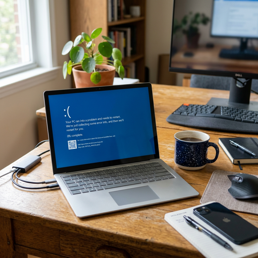 Laptop with Windows blue screen error message on wooden desk with coffee cup and office items
