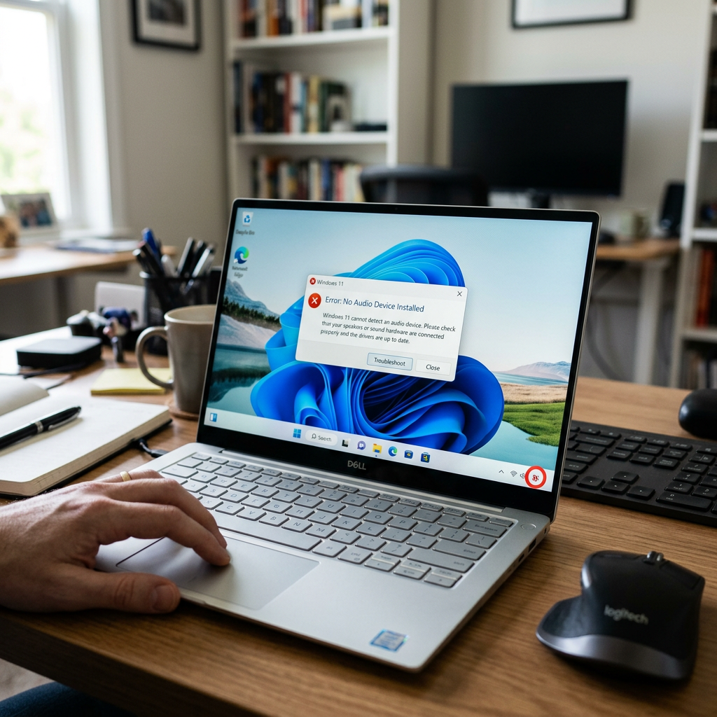 Laptop screen showing Windows 11 error message: No Audio Device Installed