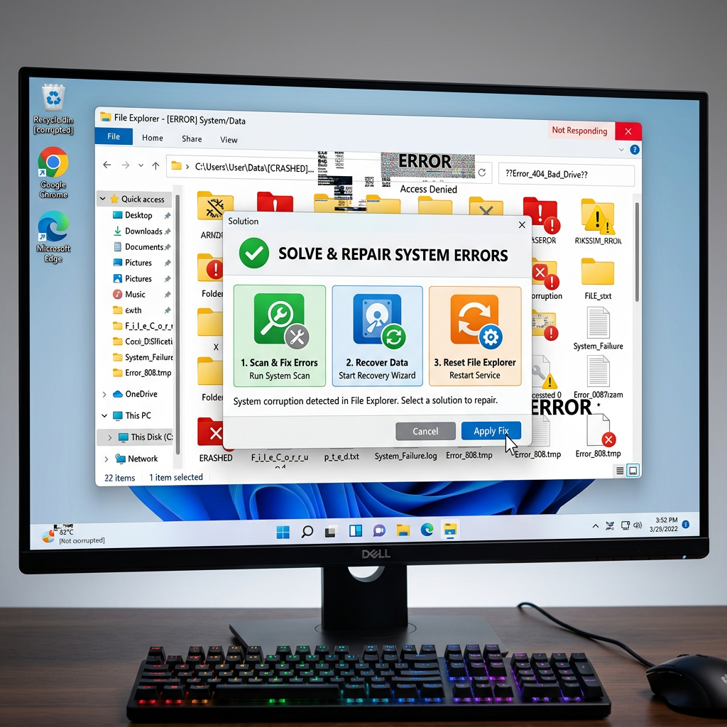 Windows file explorer with system error repair dialog offering scan, recover, and reset options