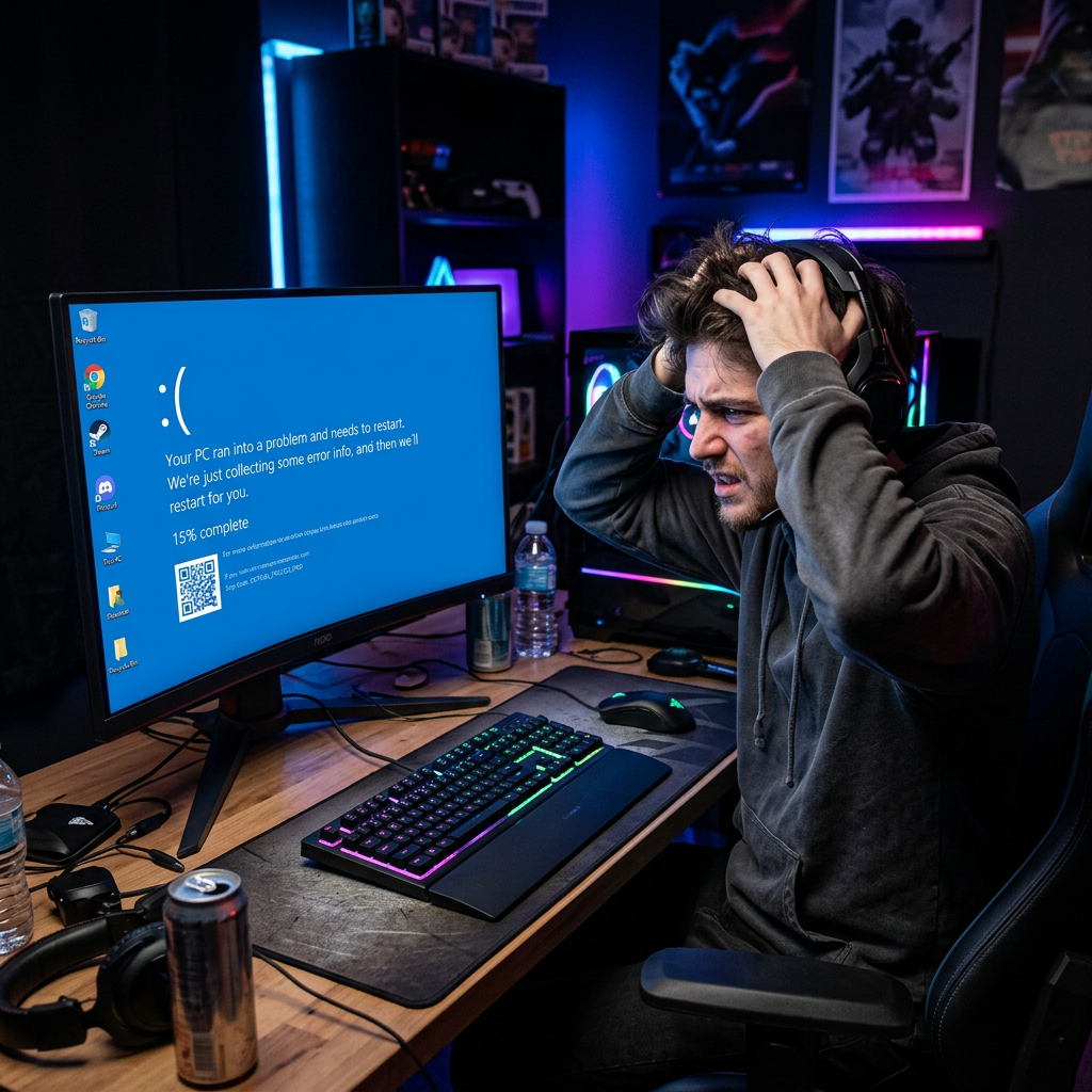 Gamer holding his head in frustration while a computer screen displays a blue screen error